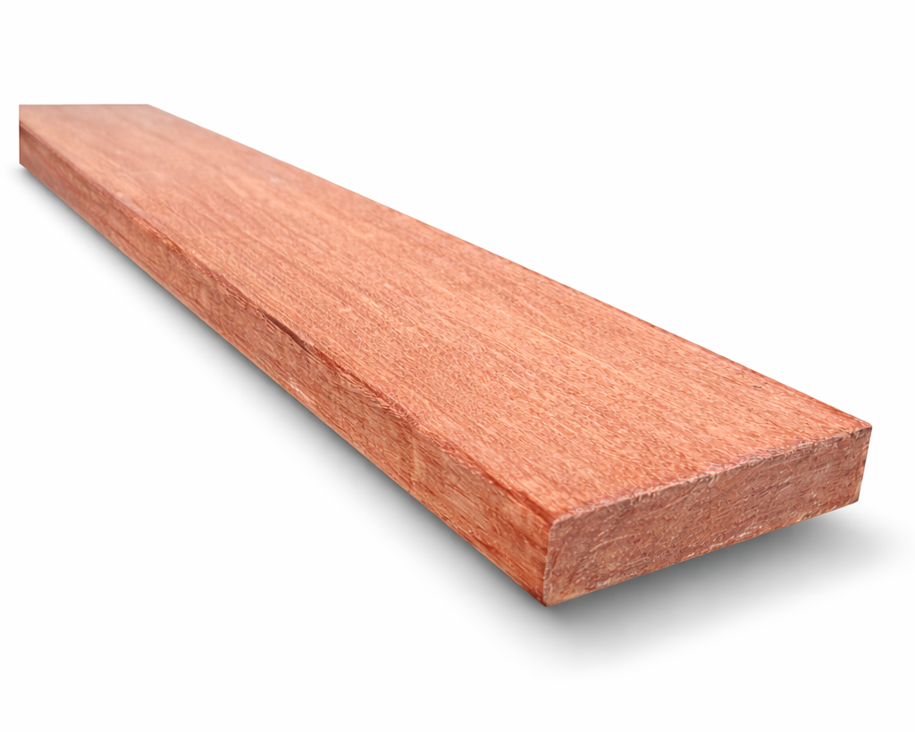 140 x 19mm merbau decking board isolated on a white background with a soft drop shadow, showing rich reddish-brown hardwood grain and smooth edges